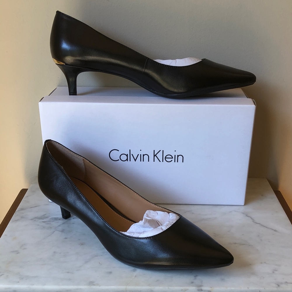 Calvin Klein Black Leather Pointed Kitten Heel Pumps